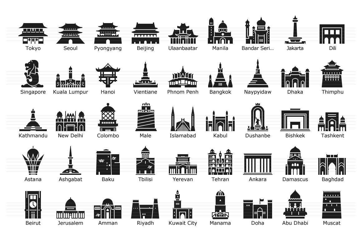 Asian Capitals - Glyph Icons