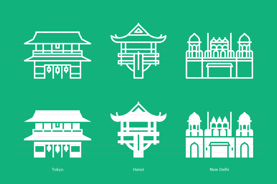Tokyo, Hanoi & Delhi - Outline and Glyph icons