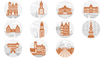 Amiens, France: Historical Architecture - Filled Outline Icon Set